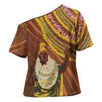 Hawaii King Kamehameha Cross Shoulder Shirt Hawaiian Kakau Pattern With Leis LT05 - Polynesian Pride