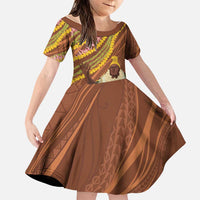 Hawaii King Kamehameha Family Matching Mermaid Dress and Hawaiian Shirt Hawaiian Kakau Pattern With Leis LT05 Daughter's Dress Brown - Polynesian Pride
