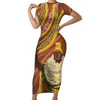 Hawaii King Kamehameha Family Matching Short Sleeve Bodycon Dress and Hawaiian Shirt Hawaiian Kakau Pattern With Leis