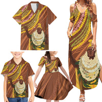 Hawaii King Kamehameha Family Matching Summer Maxi Dress and Hawaiian Shirt Hawaiian Kakau Pattern With Leis