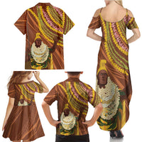 Hawaii King Kamehameha Family Matching Summer Maxi Dress and Hawaiian Shirt Hawaiian Kakau Pattern With Leis
