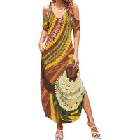 Hawaii King Kamehameha Family Matching Summer Maxi Dress and Hawaiian Shirt Hawaiian Kakau Pattern With Leis