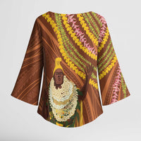 Hawaii King Kamehameha Kimono Sleeve Blouse Hawaiian Kakau Pattern With Leis LT05 - Polynesian Pride