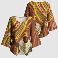 Hawaii King Kamehameha Kimono Sleeve Blouse Hawaiian Kakau Pattern With Leis LT05 - Polynesian Pride