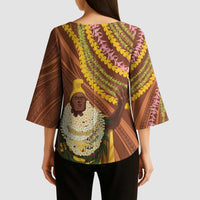 Hawaii King Kamehameha Kimono Sleeve Blouse Hawaiian Kakau Pattern With Leis LT05 - Polynesian Pride