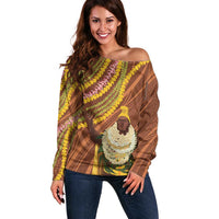 Hawaii King Kamehameha Off Shoulder Sweater Hawaiian Kakau Pattern With Leis
