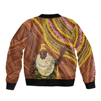 Hawaii King Kamehameha Sleeve Zip Bomber Jacket Hawaiian Kakau Pattern With Leis