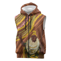 Hawaii King Kamehameha Sleeveless Zip Hoodie Hawaiian Kakau Pattern With Leis