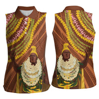 Hawaii King Kamehameha Women Sleeveless Polo Shirt Hawaiian Kakau Pattern With Leis