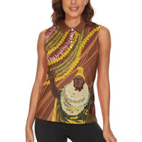 Hawaii King Kamehameha Women Sleeveless Polo Shirt Hawaiian Kakau Pattern With Leis