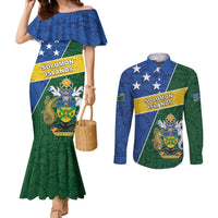 Personalised Solomon Islands Independence Day Couples Matching Mermaid Dress and Long Sleeve Button Shirt With Coat Of Arms LT05 Green - Polynesian Pride