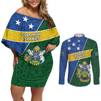 Personalised Solomon Islands Independence Day Couples Matching Off Shoulder Short Dress and Long Sleeve Button Shirt With Coat Of Arms LT05 Green - Polynesian Pride