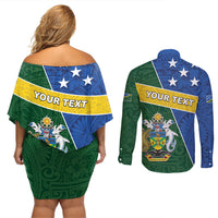 Personalised Solomon Islands Independence Day Couples Matching Off Shoulder Short Dress and Long Sleeve Button Shirt With Coat Of Arms LT05 - Polynesian Pride