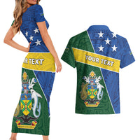 Personalised Solomon Islands Independence Day Couples Matching Short Sleeve Bodycon Dress and Hawaiian Shirt With Coat Of Arms