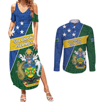 Personalised Solomon Islands Independence Day Couples Matching Summer Maxi Dress and Long Sleeve Button Shirt With Coat Of Arms LT05 Green - Polynesian Pride