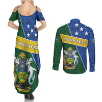 Personalised Solomon Islands Independence Day Couples Matching Summer Maxi Dress and Long Sleeve Button Shirt With Coat Of Arms LT05 - Polynesian Pride