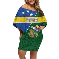 Personalised Solomon Islands Independence Day Off Shoulder Short Dress With Coat Of Arms LT05 Women Green - Polynesian Pride