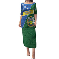 Personalised Solomon Islands Independence Day Puletasi With Coat Of Arms LT05 Long Dress Green - Polynesian Pride