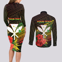 Personalized Hawaii Born and Raised Couples Matching Long Sleeve Bodycon Dress and Long Sleeve Button Shirt Kanaka Maoli Flag Day