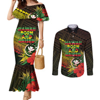 Personalized Hawaii Born and Raised Couples Matching Mermaid Dress and Long Sleeve Button Shirt Kanaka Maoli Flag Day LT05 Reggae - Polynesian Pride