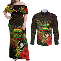 Personalized Hawaii Born and Raised Couples Matching Off Shoulder Maxi Dress and Long Sleeve Button Shirt Kanaka Maoli Flag Day