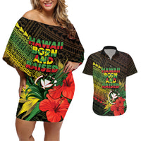 Personalized Hawaii Born and Raised Couples Matching Off Shoulder Short Dress and Hawaiian Shirt Kanaka Maoli Flag Day