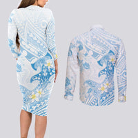 Polynesia Hammerhead Shark Couples Matching Long Sleeve Bodycon Dress and Long Sleeve Button Shirt Tropical Flowers Tribal Pattern Blue