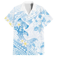 Polynesia Hammerhead Shark Family Matching Puletasi and Hawaiian Shirt Tropical Flowers Tribal Pattern Blue