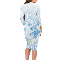 Polynesia Hammerhead Shark Long Sleeve Bodycon Dress Tropical Flowers Tribal Pattern Blue