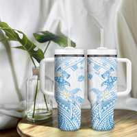 Polynesia Hammerhead Shark Tumbler With Handle Tropical Flowers Tribal Pattern Blue
