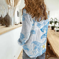 Polynesia Hammerhead Shark Women Casual Shirt Tropical Flowers Tribal Pattern Blue