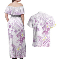 Polynesia Hammerhead Shark Couples Matching Off Shoulder Maxi Dress and Hawaiian Shirt Tropical Flowers Tribal Pattern Lavender
