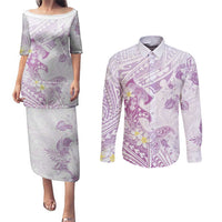 Polynesia Hammerhead Shark Couples Matching Puletasi and Long Sleeve Button Shirt Tropical Flowers Tribal Pattern Lavender