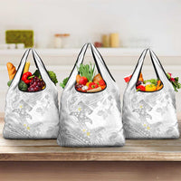 Polynesia Hammerhead Shark Grocery Bag Tropical Flowers Tribal Pattern White