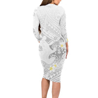 Polynesia Hammerhead Shark Long Sleeve Bodycon Dress Tropical Flowers Tribal Pattern White