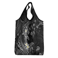 Polynesia Hammerhead Shark Grocery Bag Tropical Flowers Tribal Pattern Black