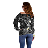 Polynesia Hammerhead Shark Off Shoulder Sweater Tropical Flowers Tribal Pattern Black
