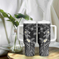 Polynesia Hammerhead Shark Tumbler With Handle Tropical Flowers Tribal Pattern Black