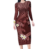 Polynesia Hammerhead Shark Family Matching Long Sleeve Bodycon Dress and Hawaiian Shirt Tropical Flowers Tribal Pattern Oxblood