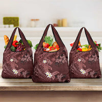 Polynesia Hammerhead Shark Grocery Bag Tropical Flowers Tribal Pattern Oxblood