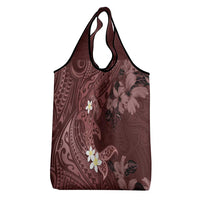 Polynesia Hammerhead Shark Grocery Bag Tropical Flowers Tribal Pattern Oxblood