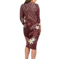 Polynesia Hammerhead Shark Long Sleeve Bodycon Dress Tropical Flowers Tribal Pattern Oxblood