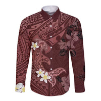 Polynesia Hammerhead Shark Long Sleeve Button Shirt Tropical Flowers Tribal Pattern Oxblood