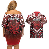 Personalised New Zealand Aotearoa Couples Matching Off Shoulder Short Dress and Hawaiian Shirt Te Reo Maori Ake Ake Ake - Polynesian Pride
