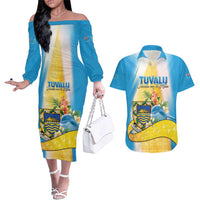Personalised Tuvalu Independence Day Couples Matching Off The Shoulder Long Sleeve Dress and Hawaiian Shirt Tuvalu Mo Te Atua - Polynesian Pride