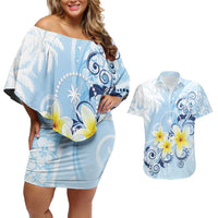 FSM Chuuk Constitution Day Couples Matching Off Shoulder Short Dress and Hawaiian Shirt Polynesian Curves Plumeria - Polynesian Pride