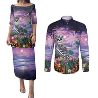 Happy Hulaween Couples Matching Puletasi and Long Sleeve Button Shirt Mahaloween Skeleton Dancing LT05 Purple - Polynesian Pride