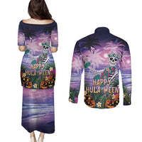 Happy Hulaween Couples Matching Puletasi and Long Sleeve Button Shirt Mahaloween Skeleton Dancing LT05 - Polynesian Pride