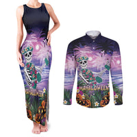 Happy Hulaween Couples Matching Tank Maxi Dress and Long Sleeve Button Shirt Mahaloween Skeleton Dancing