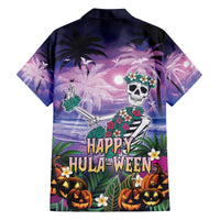 Happy Hulaween Family Matching Off Shoulder Short Dress and Hawaiian Shirt Mahaloween Skeleton Dancing